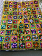 Handmade Crochet Granny Square Throw Blanket Multicolor Afghan Yellow 48" 60"