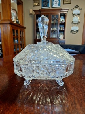 VTG CRYSTAL CLEAR HANDCUT 24% LEAD CRYSTAL FOOTED CANDY NUT DISH LIDDED GERMANY