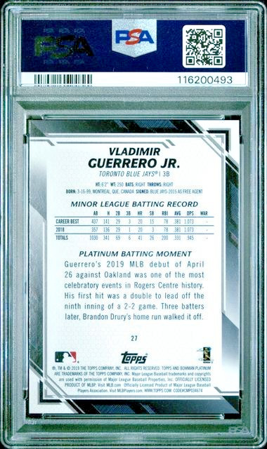2019 Bowman Platinum Rookies /50 Gold Foil #27 Vladimir Guerrero Jr. RC SP PSA 9 view 2