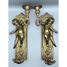 Vtg Brass Cherub Wall Sconce Pair Putti Candl...