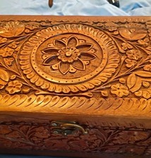 Hand Carved Wooden Decorative Box Floral Pattern, Vintage Rectangular w/ Lid
