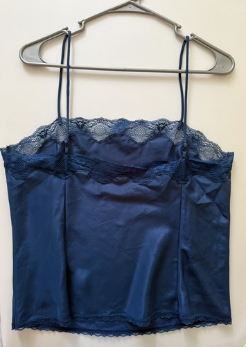 Vtg 90s Y2K Cami Top Navy Satin Lace Trim Warner's Nylon