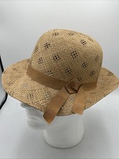 Vtg Beige Natural Straw Fedora Bowler Hat Diamond Cutouts OS Tan Band Accent