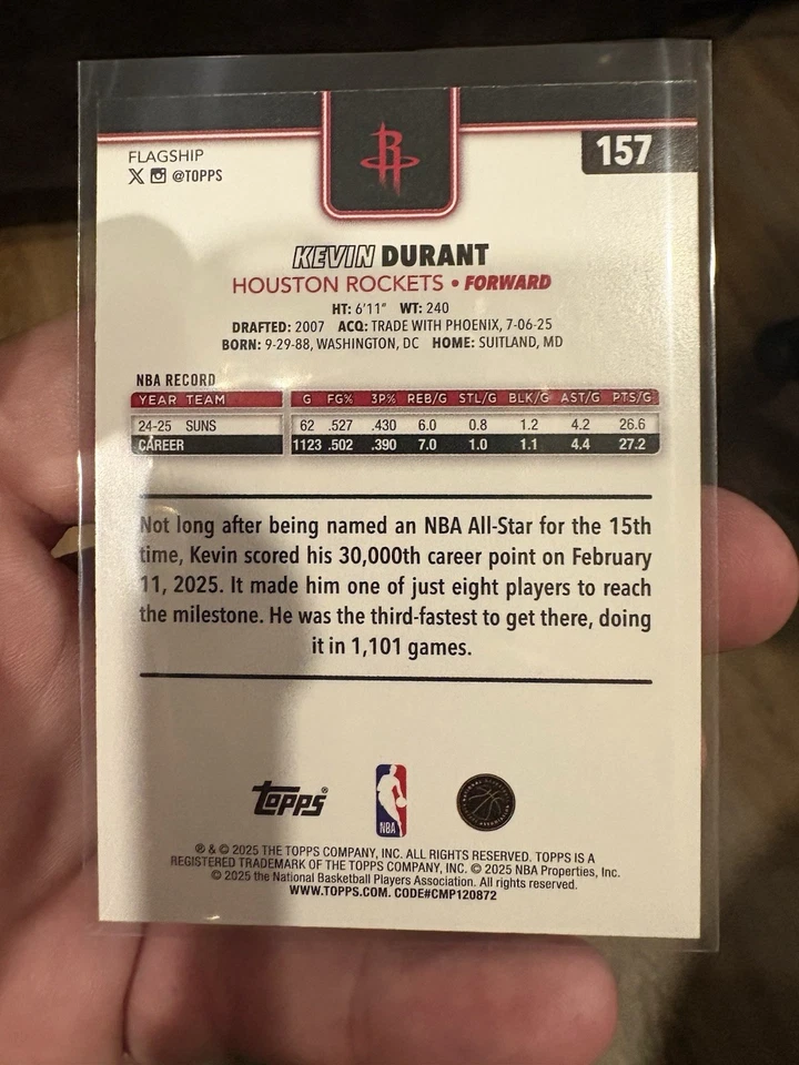 2025-26 凯文·杜兰特 Topps 橙色钻石平行 #/25 卡 #157 火箭 — 第 2/4 张图片