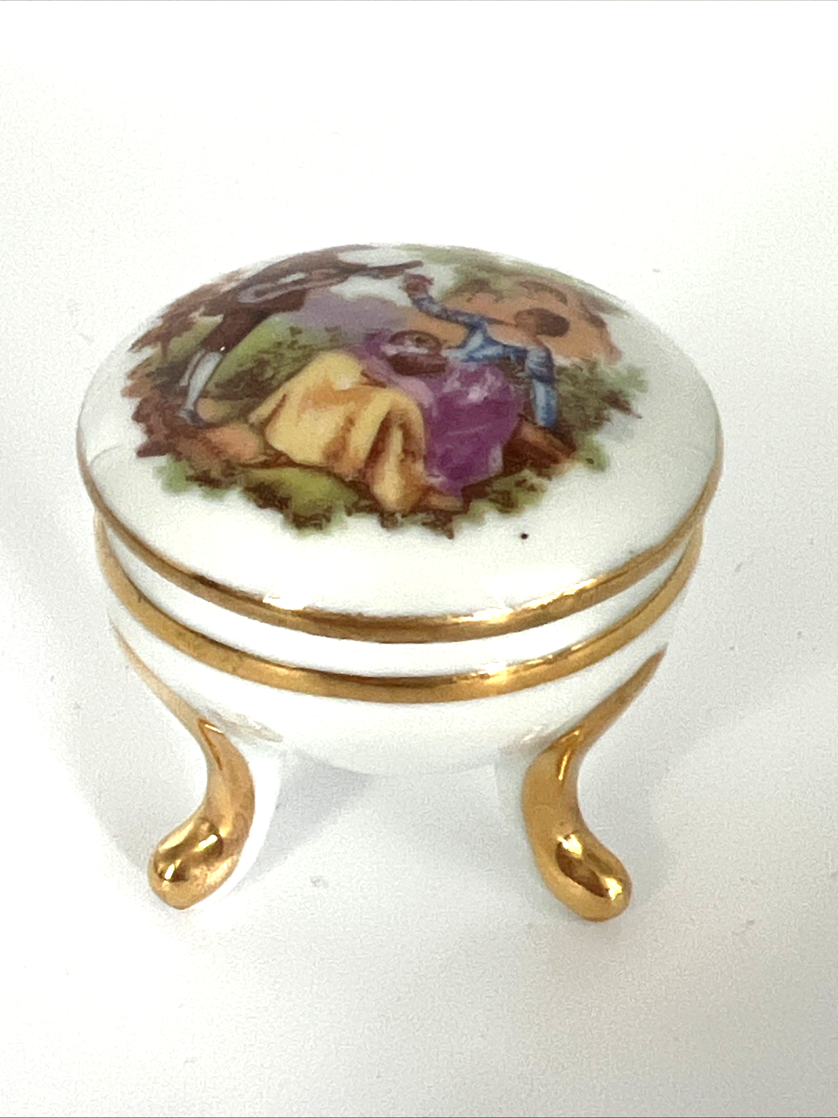 Vintage Limoges France Porcelain Box Romantic Couple Design Small Chips Footed Trinket Box