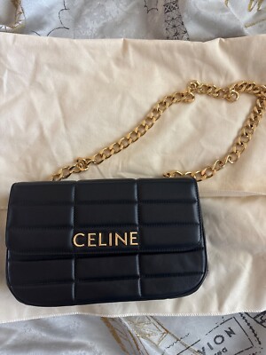 CELINE Chain Shoulder Bag Matelasse Monochrome Leather Black Purse