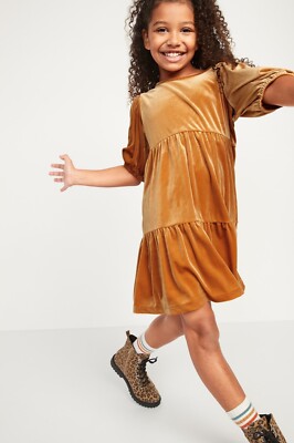 old navy gold dress Kid Girls Velvet Tiered Puff-Sleeve Size XL $27 Yellow maxi dress