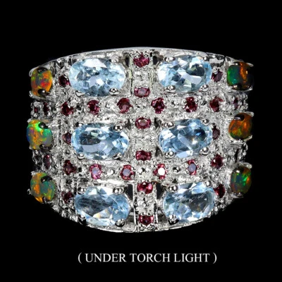 925 Sterlingsilber Ring Oval Blauer Topas Opal Rhodolith Edelstein Schmuck Eu 9 - Bild 1 von 4