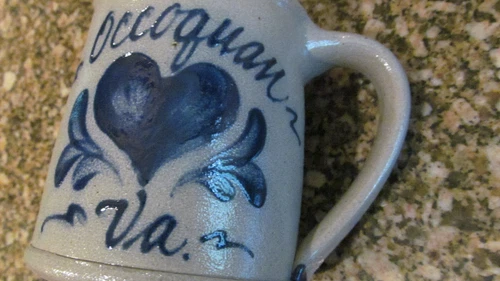 *Vintage Rowe Pottery Works Blue and Gray Stoneware Mug Armco OCCOQUAN, VA. 1994