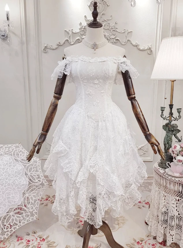 Mini Vestidos de Novia Cortos Fuera del Hombro Volantes Encaje Apliques Vestidos de Novia Foto 2 de 4