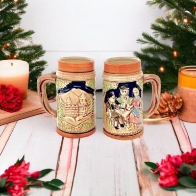 Vintage Pair 2 Japanese Bavarian Style Beer Steins 5.5 Hand-Painted Ceramic NWOT