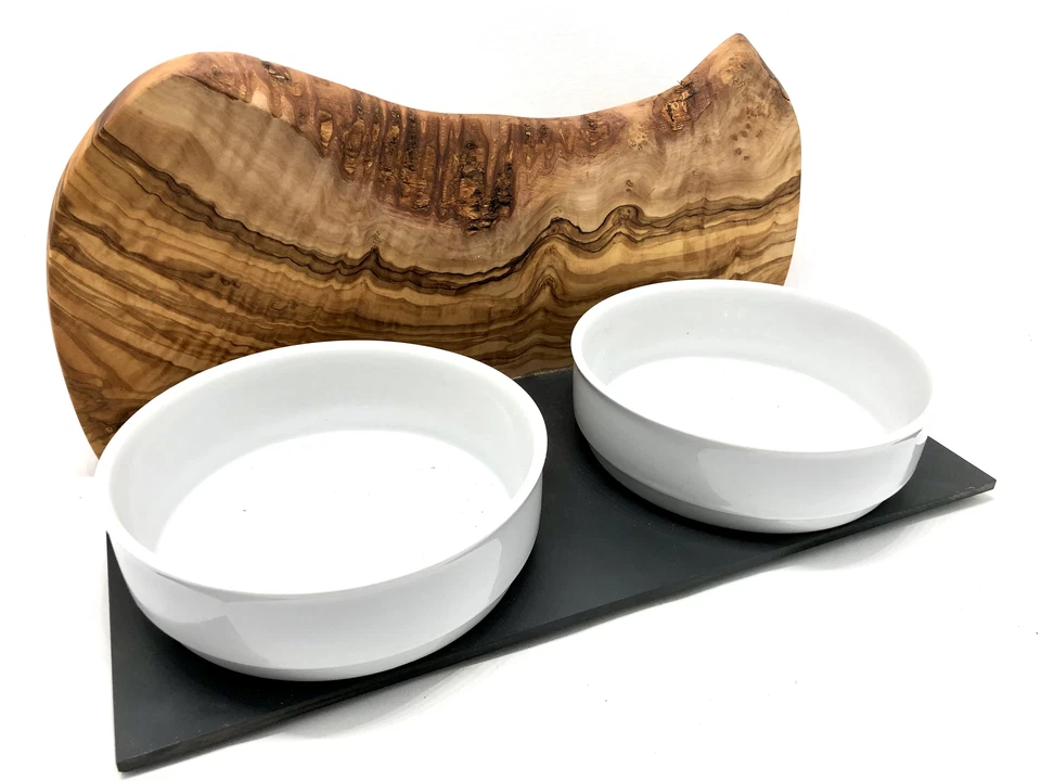Futterstation MOUNTAIN 2 x Porzellanschalen auf OLIVENHOLZ Holz