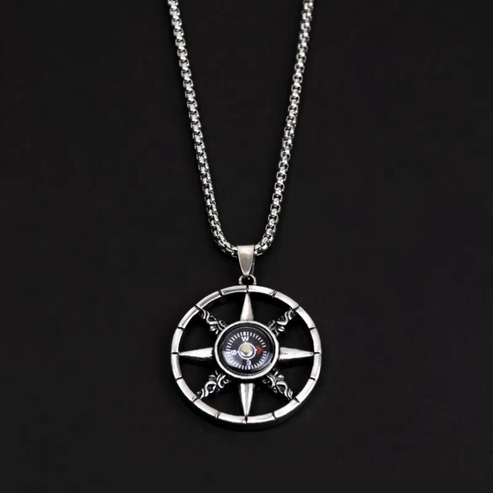 Men's Silver Working Compass Pendant Necklace Protection Jewelry Box
