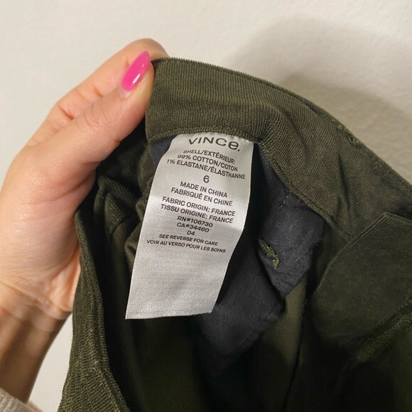 Vince Olive Green Corduroy Skinny Cargo Pant Gem