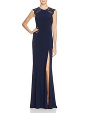 460 Faviana Coutur Women Blue Lace Shoulder Sleeveless Slit Gown Dress Size 2