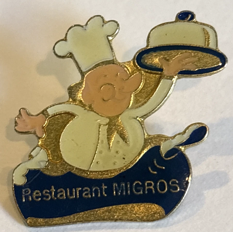 Migros Restaurant Switzerland Chef Hat Platter Serving Grocery Store Lapel Pin - Image 1 of 4