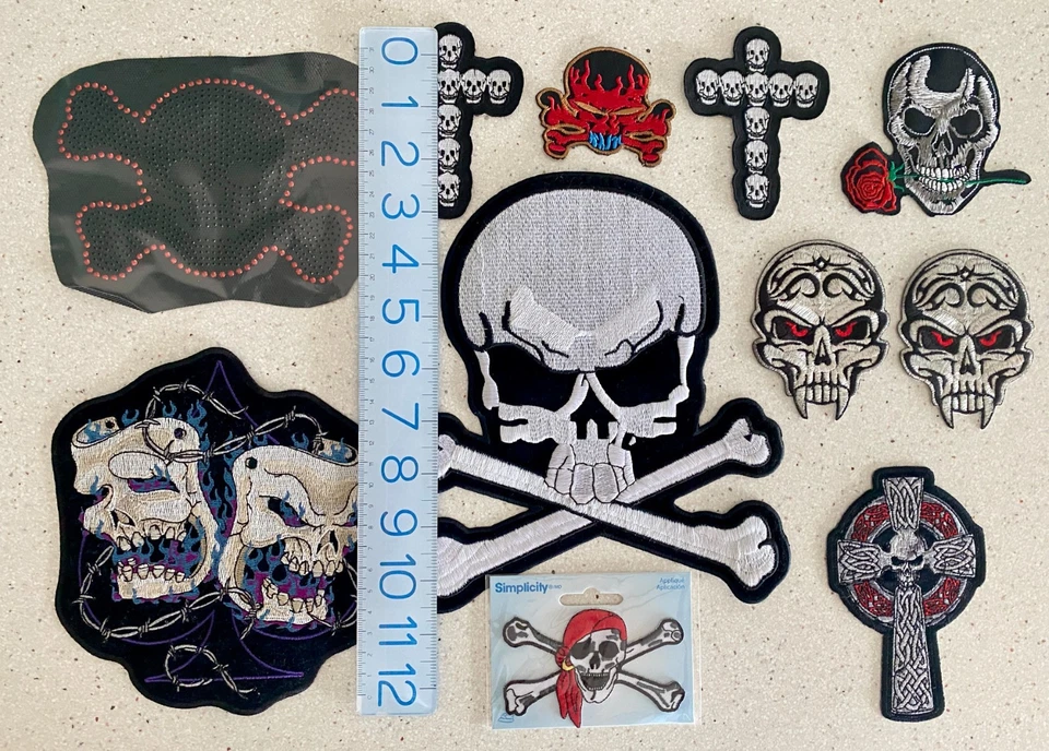 11 Piece Lot Mixed Skull Iron-On Embroidered Patches Applique Biker Cross Bones - Image 4 of 4