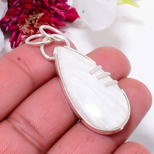 White Scolecite - India Designer Handmade 925 Sterling Silver Pendant 1.76" Su10