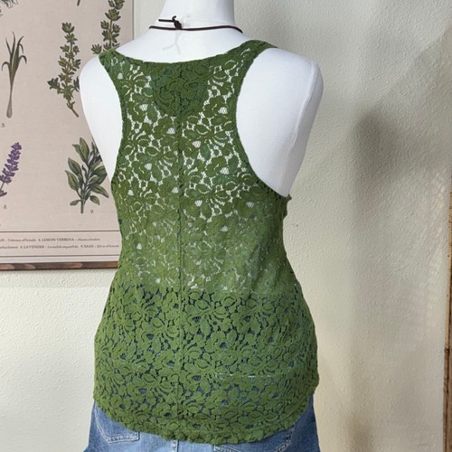 Y2k Green Sheer Shimmer Floral Lace Tank Top Forest Fairy Grunge Mori Kei 1X - Picture 3 of 7