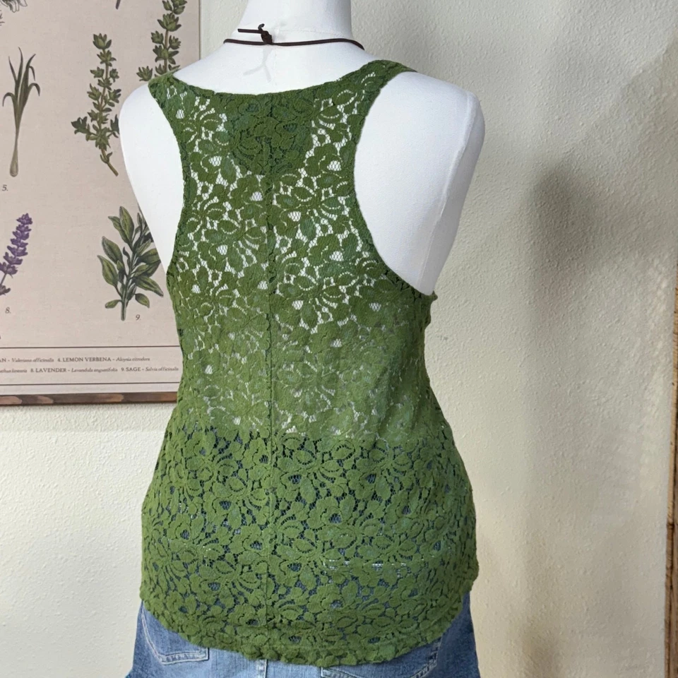 Y2k Green Sheer Shimmer Floral Lace Tank Top Forest Fairy Grunge Mori Kei 1X - Image 3 of 4