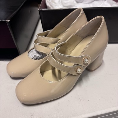 Girotti Beige Tan Patent Leather Pearl Block Heel Pump US 6.5 New