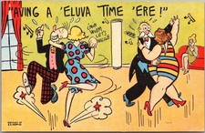 Vintage 1940s Comic Postcard "AVING A 'ELUVA TIME 'ERE?" Dancing / KROPP Linen