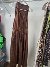 Zara Brown Solid Sleeveless V-Neck Linen Button Front Maxi Dress Pockets S
