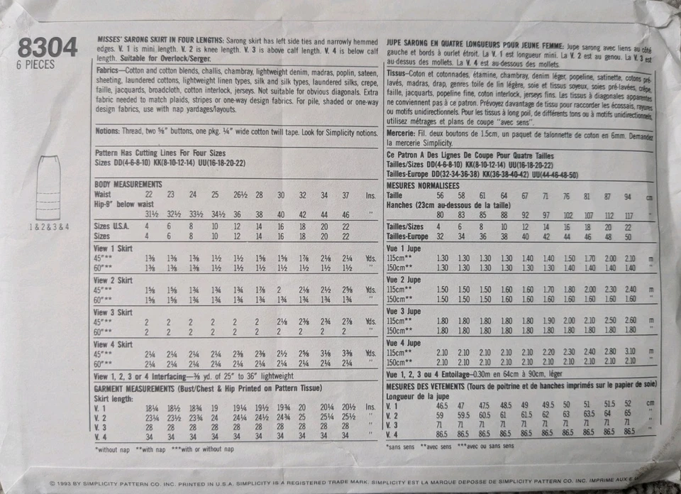 Vintage Simplicity 8304 Misses Sarong Skirt Sewing Pattern Size KK 8-14 Uncut FF - Image 2 of 3