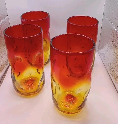 Vtg Blenko Tangerine Amberina Dimple 6" Glass Tumblers Cadmium Glow Set Of (4)