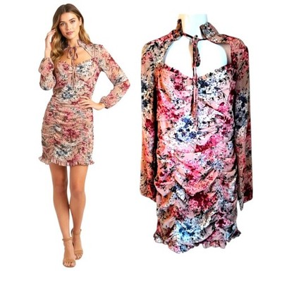 Pretty Little Thing Pink Floral Mini Dress Women's Sz 8 Long Sleeve Lined Ruched