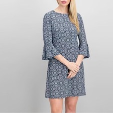 Tommy Hilfiger Geometric Print Bell Sleeve Dress 8 Navy White