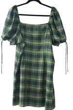 BP Womens Sz 1X Midi Dress Checkered Green Boho Puff Sleeve Cottage Core