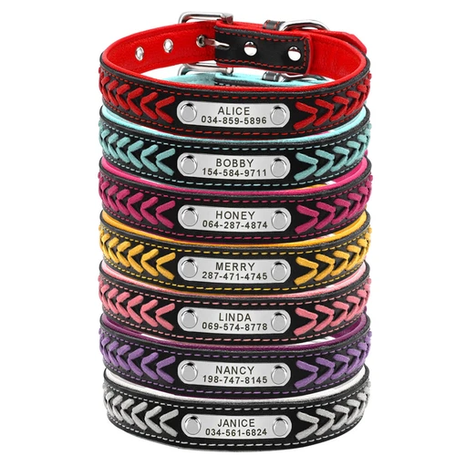 Personalized Dog Collar Braided Leather Padded Name ID Tag Engraved Free XS-XL