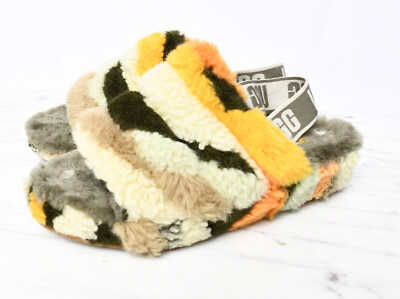 UGG Fluff Yeah Slide Cali Collage Sheepskin Sandals Womens Sz 8 Elastic Strap