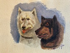 Beautiful Drawing Dog Gouache 2 Husky Dogs 1920 E Nourrigat Emile? Portrait