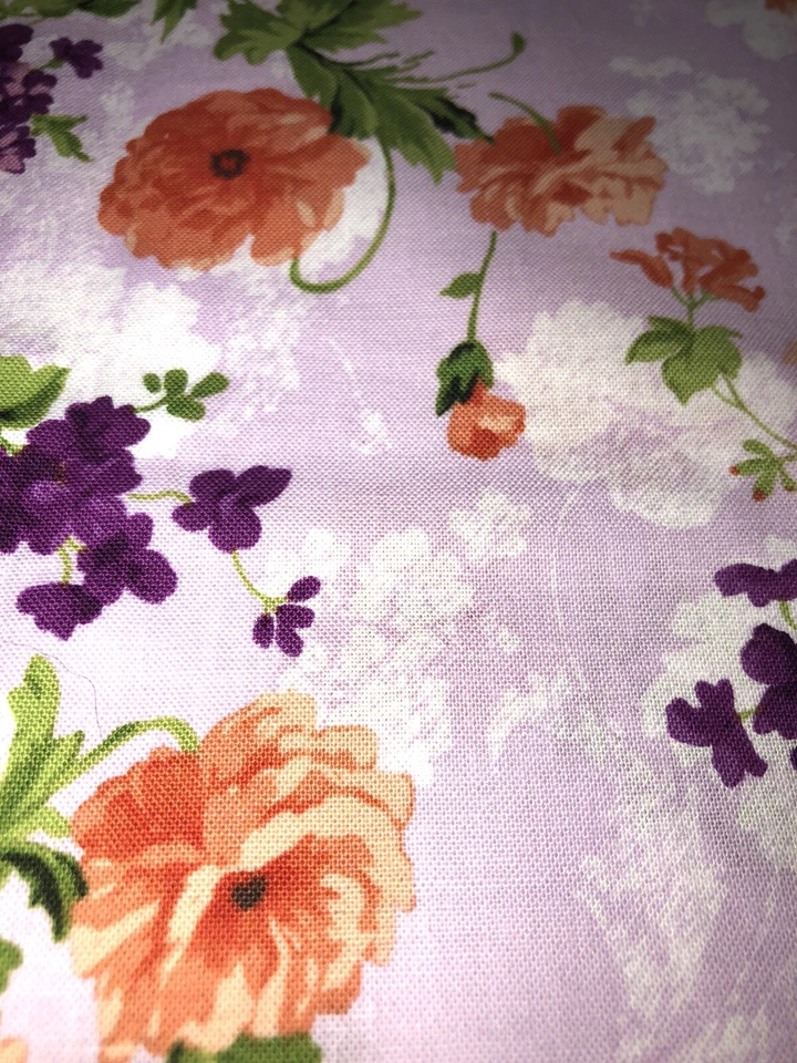 Orange Flowers Floral On Light Purple Print Cotton - 1/3 Yard Third Already Cut - Image 2 of 4