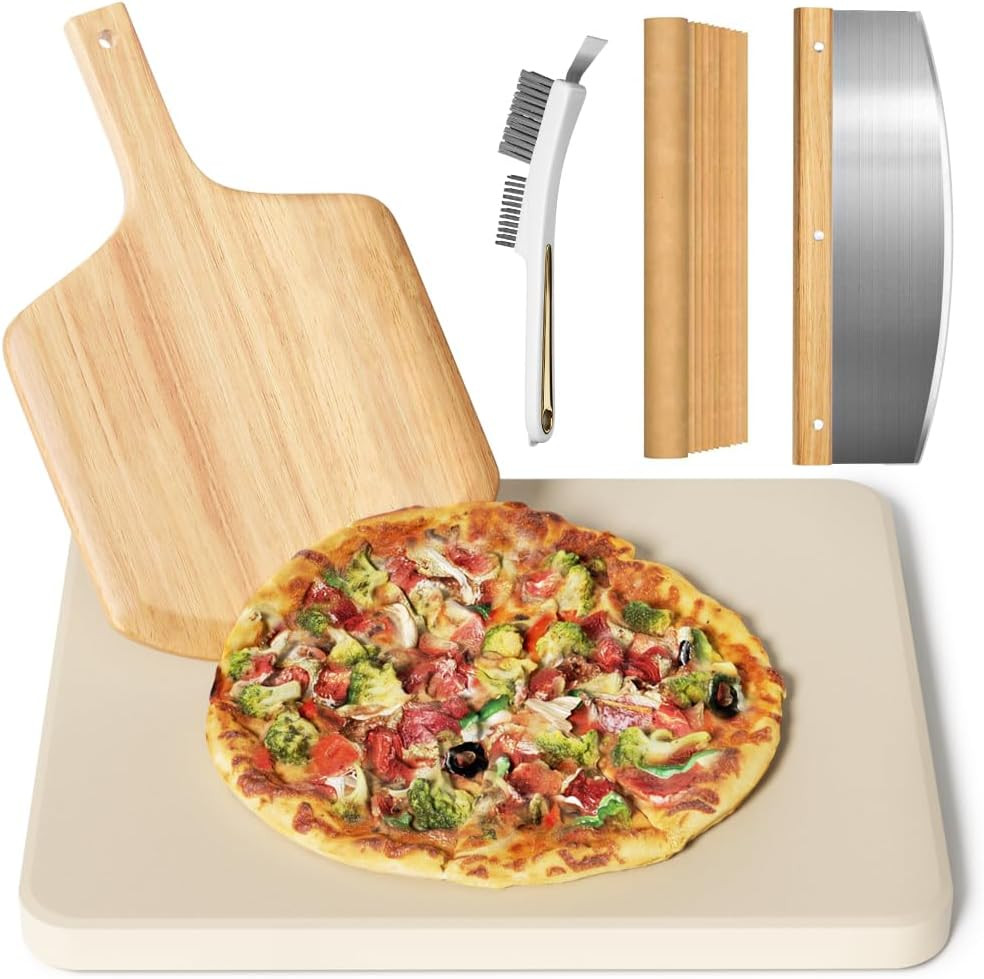 5 PCS Rectangle Pizza Stone Set, 16"Large Pizza Stone for Oven and Grill with Pi