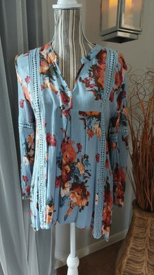 Blu Pepper Floral Peasant  Tunic Crochet Inset Detail Women's hi low Hem Top Md