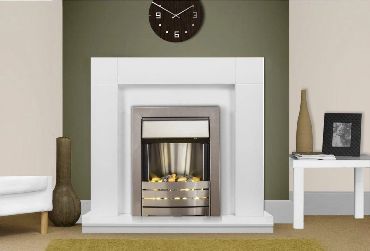 ELECTRIC FIRE WHITE FIREPLACE SURROUND WHITE HEARTH BRUSHED STEEL PEBBLES  BNIB | eBay