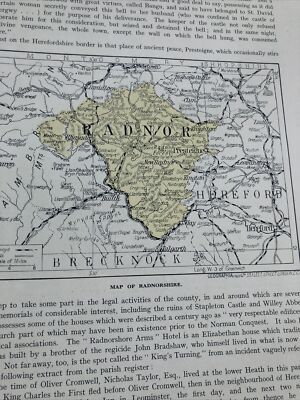 1923: Karte der Grafschaft Radnorshire Radnor Blick auf das Eye Valley Originaldruck