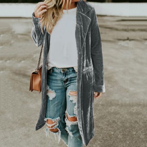 Women Casual Lapel Outwear Velvet Duster Cardigan Draped Open Front Trench Coat - Bild 12 von 12