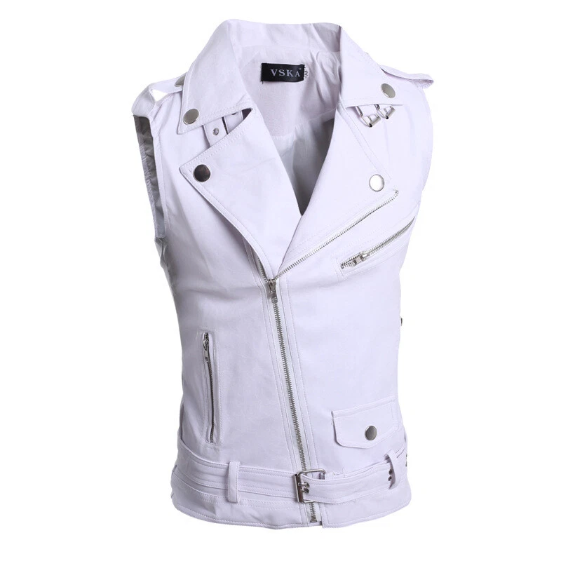 Men's Moto Vest Stand Collar Rider Jackets Faux Leather Zipper Slim Waistcoat