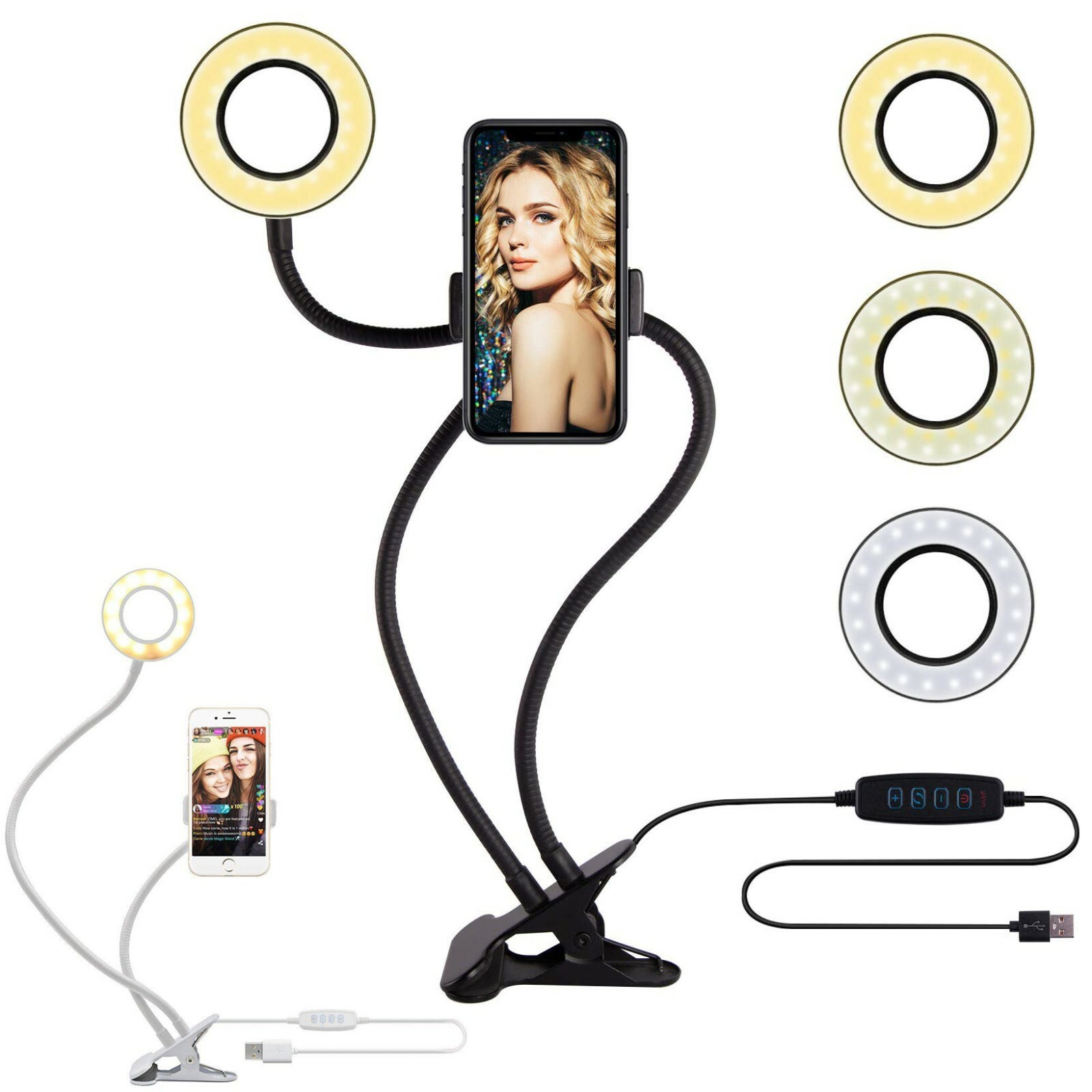 Selfie Ring Light + Phone Holder w/ Flexible Long Arm 24 LED Camera USB Clip On-image
