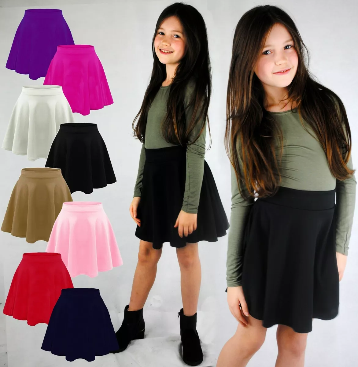 KIDS GIRLS CHILDRENS SKATER MINI SKIRT PLAIN FLIPPY FLARED SKIRT 7 13 BLACK  NAVY