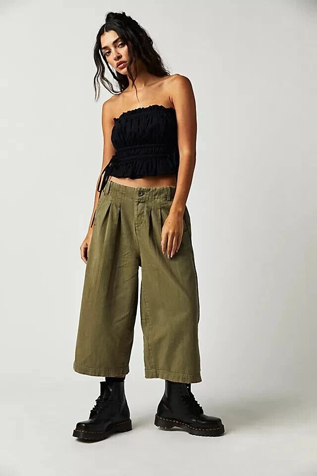 Free People Hard Rain Gaucho Pants High Waisted Wide-Leg Cotton S-4 New  257986