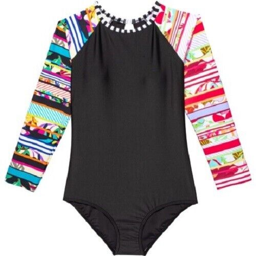 Sunseeker 13/14 Girls 1 Pc Rash Guard Bodysuit Swimsuit Black Long Sleeve Padded - Picture 1 of 2