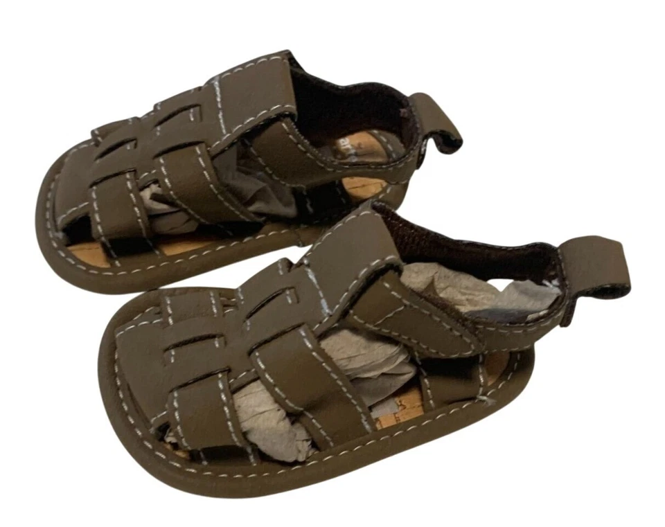 Sandalias Carters Infantil Bebé Talla Recién Nacido Tostado Beige Gancho y Lazo Zapatos Marrón Foto 3 de 4