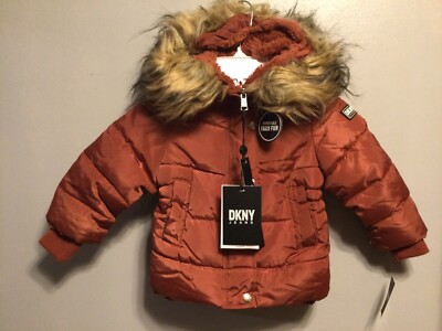 DKNY Baby Mädchen Kleinkind 24 Monate/2 Jahre Terrakotta Mantel abnehmbare Kapuze Fell