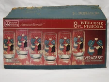 1988 Anchor Hocking 8 Drink Glasses 12 oz Sunbonnet Sue & Sam American Folk Art