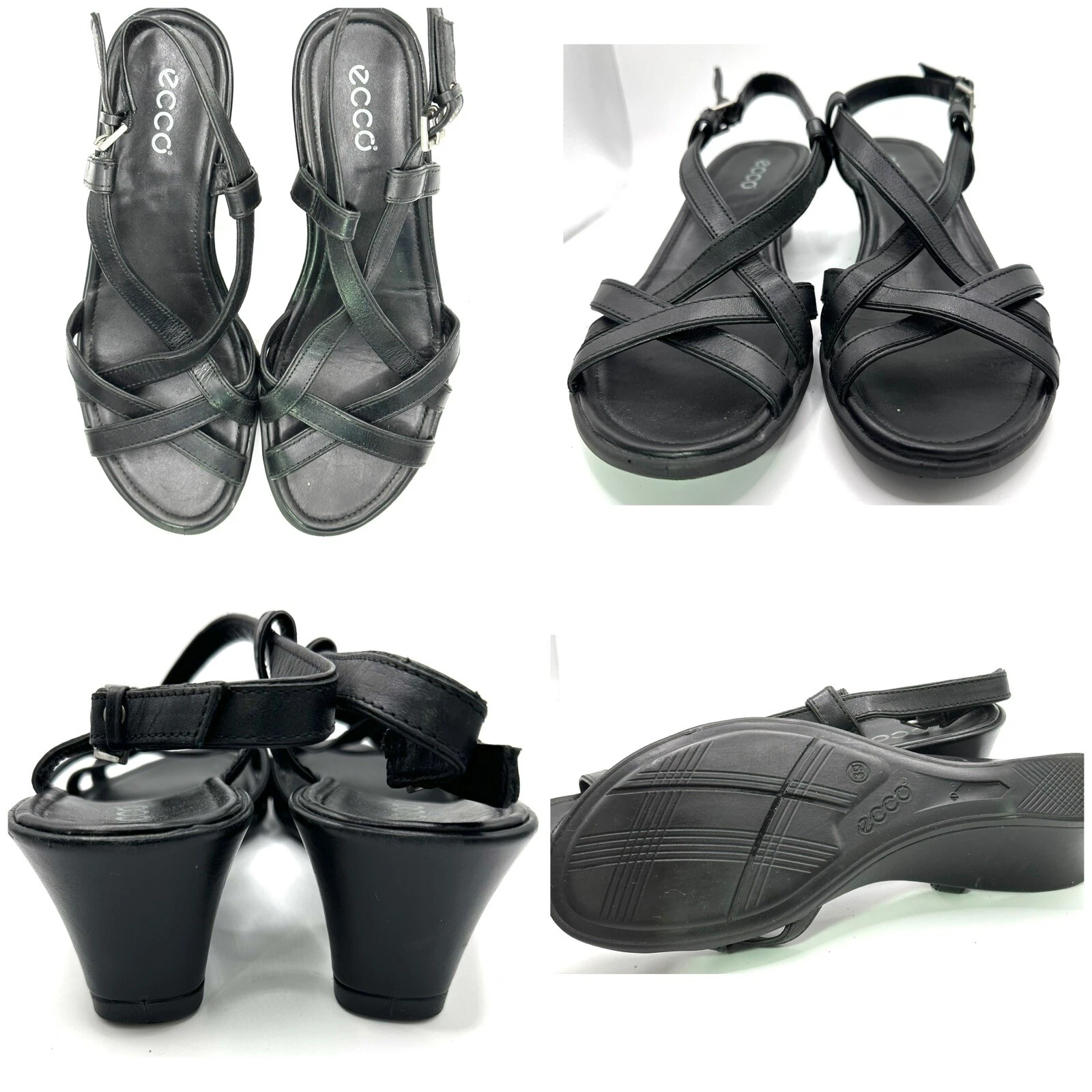 Scarpe sandali donna ECCO neri in pelle con cinturino e zeppa bassa taglia EU 39 US 8 8 5